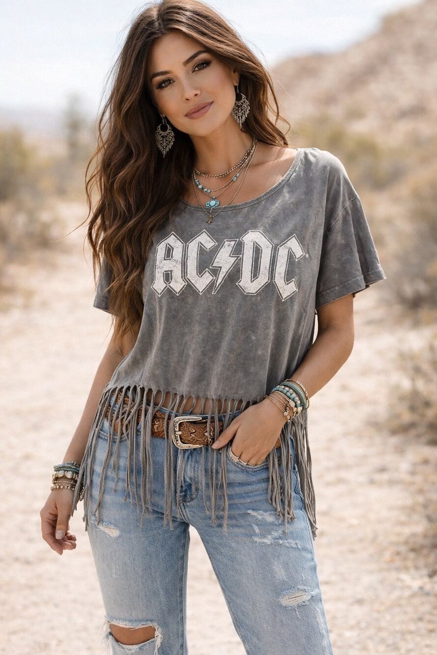 AC/DC Slate Gray White Logo AC/DC Fringe Trim Festival Band Tee size Large